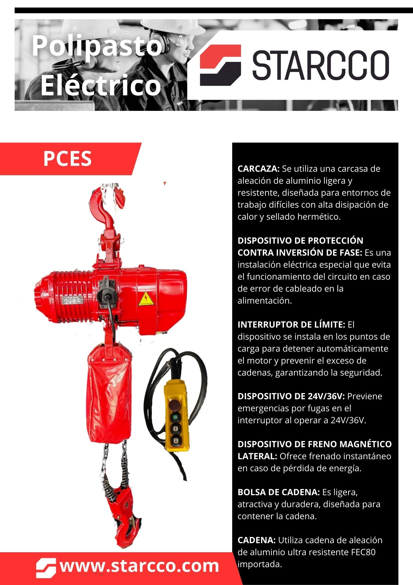 Polipasto Elétrico de cadena , 2 ton, altura a 3 metros, 220 Trifásico, STARCCO.