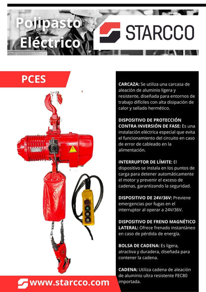 Polipasto Eléctrico de Cadena, 2 ton, Altura a 6 metros, 220 Trifásico, STARCCO.