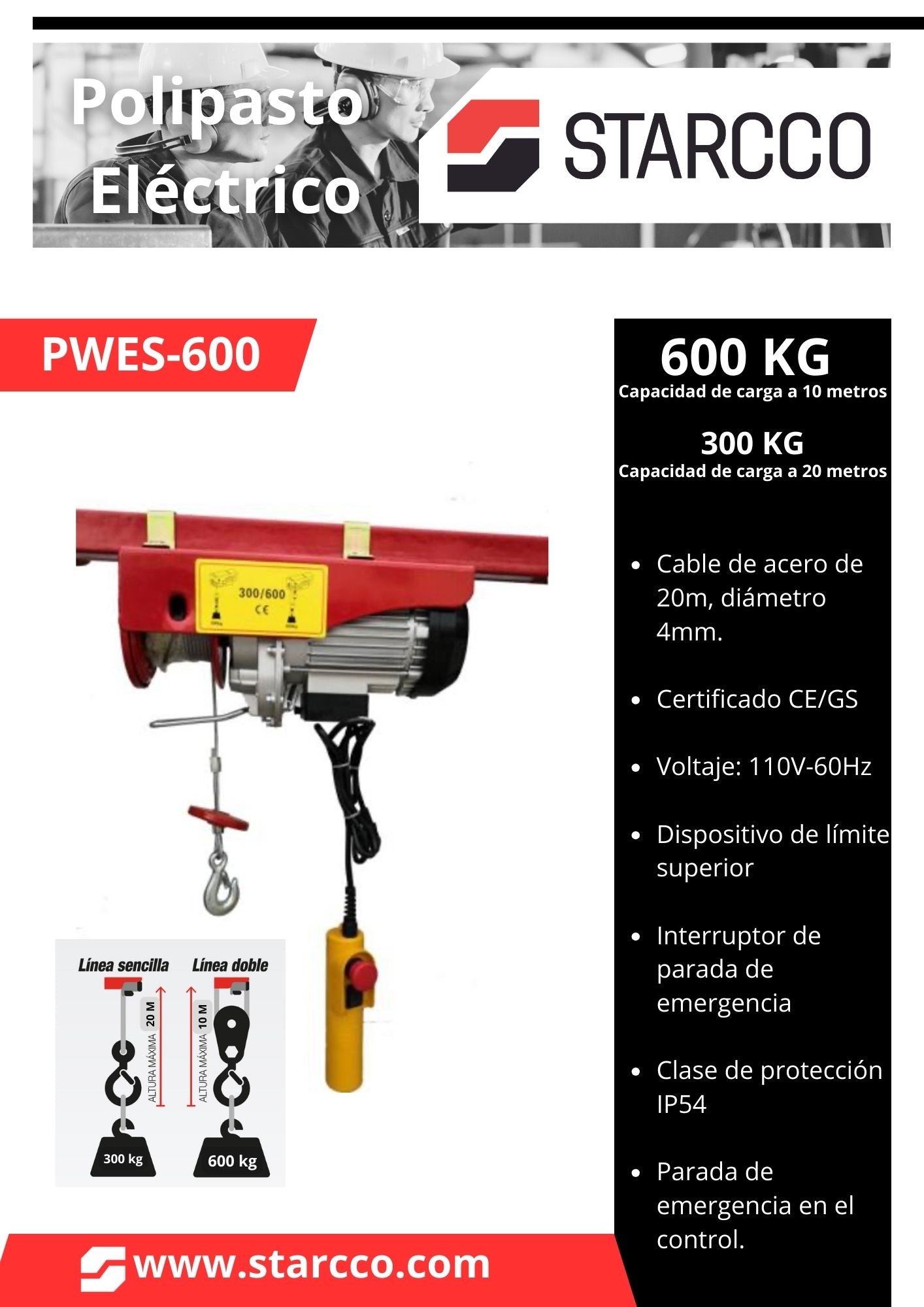 Polipastos Eléctrico de CABLE, 300-600KG a 20 metros, 110 V, STARCCO.