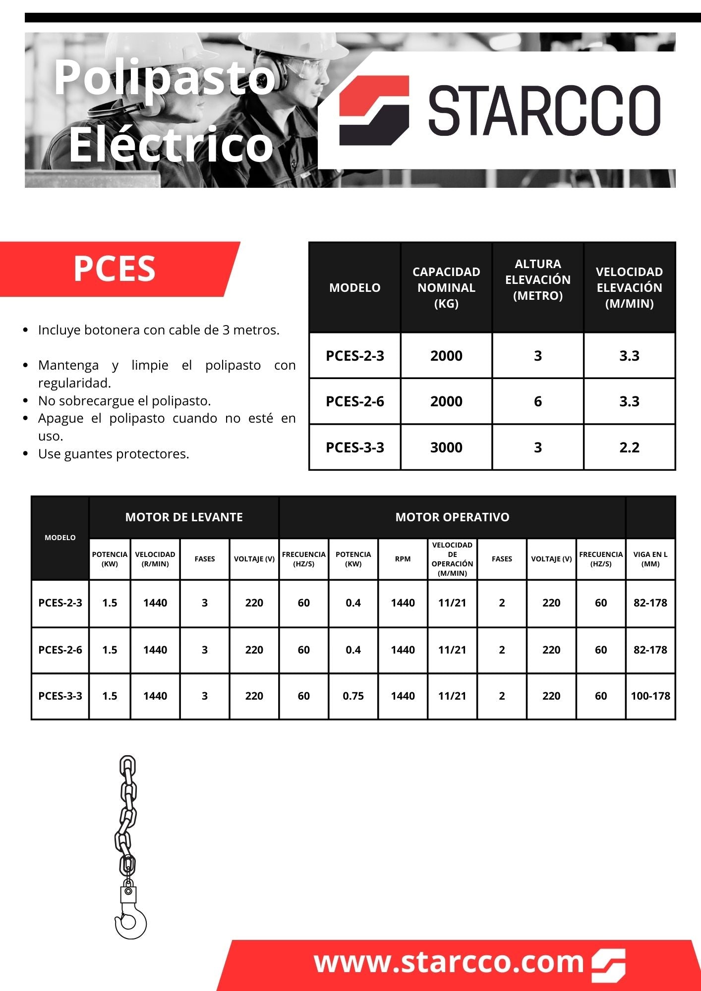 Polipasto Elétrico de cadena , 2 ton, altura a 3 metros, 220 Trifásico, STARCCO.