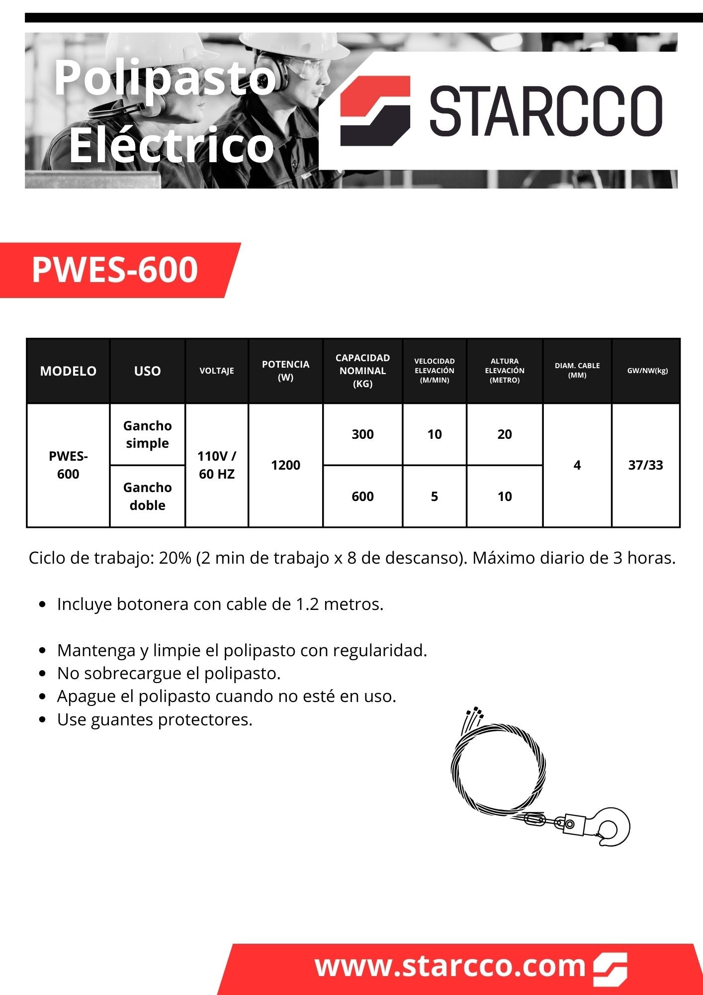 Polipastos Eléctrico de CABLE, 300-600KG a 20 metros, 110 V, STARCCO.