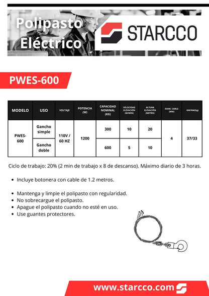 Polipastos Eléctrico de CABLE, 300-600KG a 20 metros, 110 V, STARCCO.