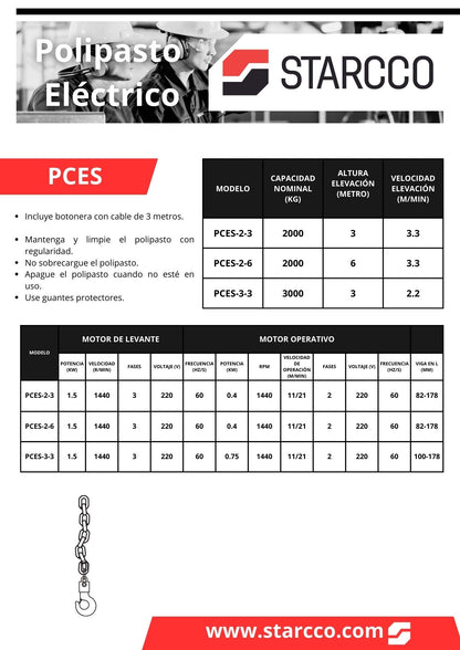 Polipasto Eléctrico de Cadena, 2 ton, Altura a 6 metros, 220 Trifásico, STARCCO.